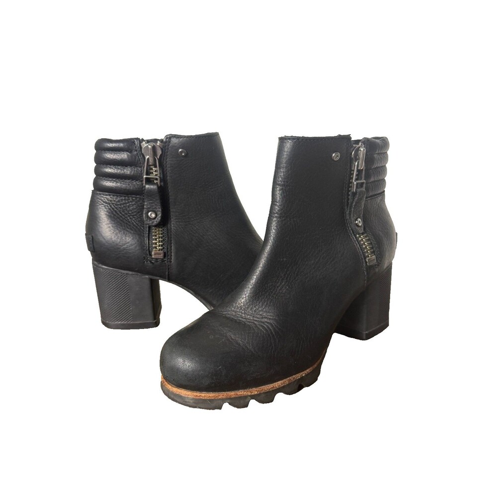 Sorel Black Leather Moto Ankle Boots Block Heel Side Zip Women's 6.5